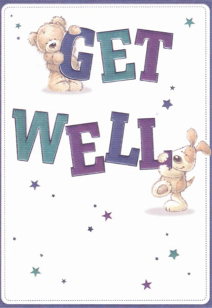 A charming illustrated get well card features a cuddly bear and a floppy-eared puppy teaming up to deliver a warm, encouraging message, the sort of image that naturally pairs with a soft, uplifting bouquet from Flower Delivery Crofton Park. At the centre, the words GET WELL dominate the design in large, rounded block letters that feel almost three-dimensional, shaded in rich purples, teals, and deep indigo. The teddy bear perches at the top of the word GET, its round muzzle, small nose, and slightly tilted head giving it a tender, caring expression, as though it's watching over the message on behalf of the sender. Below, the puppy leans affectionately against WELL, its long, drooping ears and wagging posture captured in fluid brushstrokes that suggest movement and youthful energy. Both characters are drawn with soft, textured fur that looks touchable-like the cosy feel of a favourite toy on a child's bed in a home off Brockley Road. Scattered around the scene, tiny stars and delicate starbursts in gradients of blue, violet, and aqua float across a clean, creamy white background, adding sparkle without clutter. This crisp backdrop gives the card a sense of freshness and clarity, reminiscent of the open skies you glimpse walking toward Hilly Fields, creating a peaceful contrast to the vivid lettering. The overall mood is light, hopeful, and gently humorous, ideal for brightening the day of someone recovering from a cold, surgery, or a difficult week. It radiates the same careful thought a florist uses when choosing just the right stems to comfort and uplift a loved one resting at home in Crofton Park or the nearby Brockley and Honor Oak Park area.