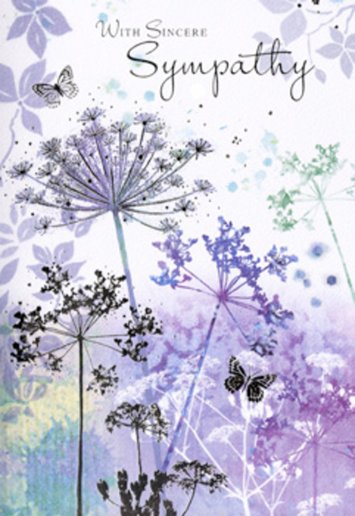 Opening this sympathy card is like stepping into a quiet, early-morning clearing just off the familiar streets of Crofton Park, where the world has fallen temporarily silent. The artwork reveals an airy field of wildflowers, each one drawn with slender, elongated stems that reach gently upwards, crowned with umbelliferous blooms in soft lavender, muted indigo, and cool blue-grey. Their lace-like heads are rendered with remarkable delicacy, every tiny branch and umbel fanning out as if sketched in a single, confident breath by a patient hand. These blossoms rise out of a softly blurred wash of colour, where dusky violets blend seamlessly into pale silvery greens, calling to mind the hazy light over nearby Ladywell Fields when mist still clings to the grass. There is a translucency to the petals and tiny seed heads, giving the impression that they are swaying in an invisible breeze, fragile yet enduring. Floating among the flowers are a few ethereal butterflies, painted in sheer layers of lilac and pearl blue, their wings just faintly defined. They hover with a sense of quiet purpose, suggesting hope, continuity, and the delicate way a cherished memory can drift back at unexpected moments. The overall composition is calm and meditative, with ample open space that allows the viewer's thoughts to wander and settle. As a piece chosen by someone in Crofton Park to accompany condolence flowers, it speaks gently but clearly: an expression of sympathy steeped in nature's own language of renewal and rest, offering comfort without overwhelming, and supporting the tender process of remembrance.