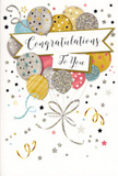 A sophisticated congratulations card is pictured, radiating the same warm, neighbourly joy you might feel walking through Crofton Park on a sunny afternoon when everyone seems to be celebrating something. At the centre of the design is a rounded, generous bouquet of illustrated balloons, arranged almost like a floral display, with each one overlapping slightly to form a rich, dimensional cluster. The balloons shimmer in a palette of gold, silver, champagne, airy sky blue, blush pink, and soft grey, each decorated with its own personality: some carry rows of fine glittering stripes, others are sprinkled with tiny metallic stars or dotted with delicate, luminous specks. Their finish suggests a gentle metallic sheen, as though the surface might feel smooth and slightly textured under your fingers. Slender ribbons in bright gold and cool silver stream down from the balloons in lively curls, crossing and looping in graceful arcs that echo the natural curves of a florist's ribbon. All around, the pale background is enlivened with scattered stars, tiny dots, and swirling motifs, creating a floating sense of confetti and party streamers caught mid-dance, as if a celebration had just burst into life along nearby Brockley Rise. Across the centre of the balloon cluster, a softly curving banner stretches from side to side, its edges lightly shaded to appear gently raised from the page. On it, in elegant calligraphy, are the words Congratulations To You, the lettering bold yet refined, conveying real warmth and sincerity. The card as a whole feels airy, optimistic, and perfectly suited for marking proud moments-from exam results and promotions to personal achievements-for someone special in the Crofton Park area.
