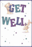 A whimsical get well card illustration shows two endearing characters-a soft brown teddy bear and a floppy-eared puppy-working together to share a bright Get Well message, the kind of comforting image you might send alongside a cheerful bouquet from a Crofton Park florist. The bear, with rounded paws and a gentle smile, leans over the chunky word GET, as if hugging the letters in a protective embrace. Below, the puppy balances against the bold WELL, its velvety ears tumbling down and muzzle nuzzling the text in a gesture full of affection and playful concern. The lettering is large, bubbly, and reassuring, shaded in rich indigo, deep purple, and teal tones that stand out crisply against a clean, creamy white background. Scattered all around, starbursts and little twinkling stars in blues and purples scatter like tiny sparks of hope, echoing the look of fairy lights you might see on a cosy Crofton Park balcony overlooking Brockley Road. The overall composition feels airy and uncluttered, with plenty of white space that suggests calm, cleanliness, and a gentle sense of breathing space-so important when someone is feeling under the weather. Even without flowers, you can practically sense the softness of the bear's fur and the puppy's coat, a tactile comfort that mirrors the soothing texture of fresh petals in a bedside vase. It's a card that quietly says, You're cared for, ideal for sending uplifting wishes to a neighbour recovering at home near Hilly Fields or a friend resting after hospital treatment, blending childlike innocence with genuine, heartfelt warmth.